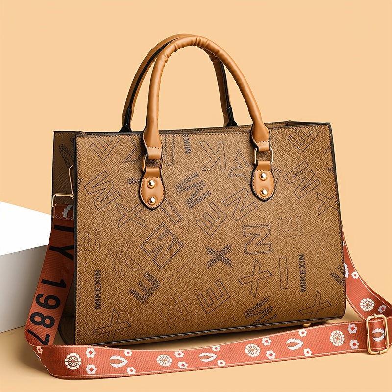 Women's Printed Large Capacity Leather Crossbody Tote Bag