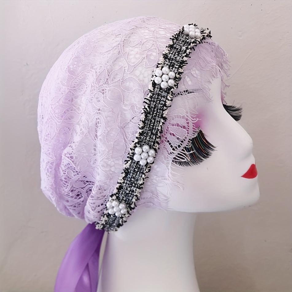 Pearl and Lace Headband Bridal Veil: Turban Headpiece