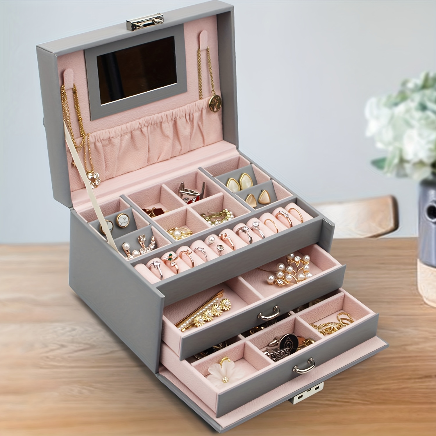 Jewelry Boxes Travel Jewelry Boxes Pu Jewelry Case with 2 Drawers Mirrored  Jewelries Necklaces Earrings Rings Craft Containers for Organizing Home