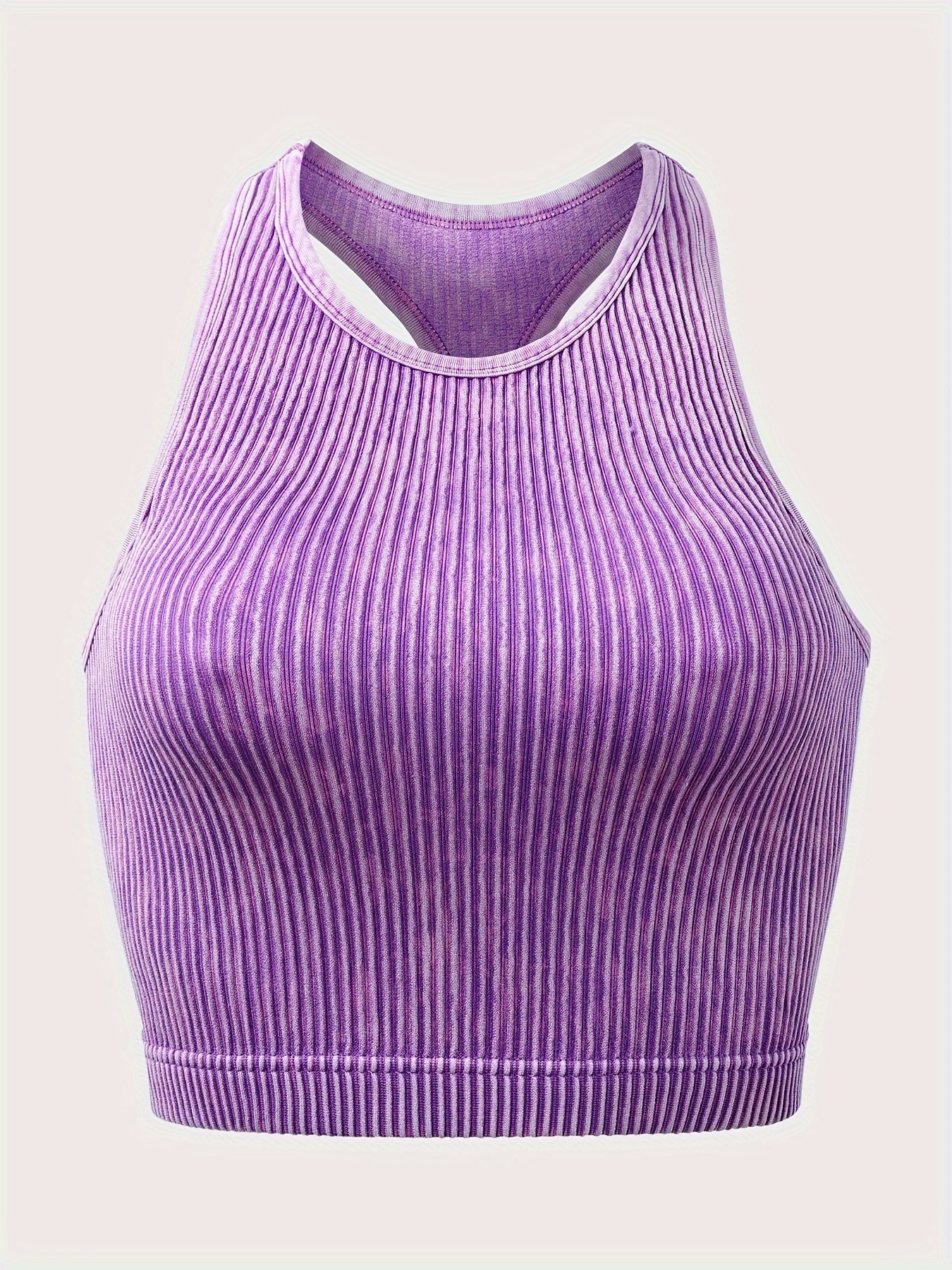 Women Workout Crop Top Built in Bra Ribbed Athletic Tank Tops Casual  Sleeveless Collar Shirts Padded Sports Yoga Vest, Solid Purple, Small