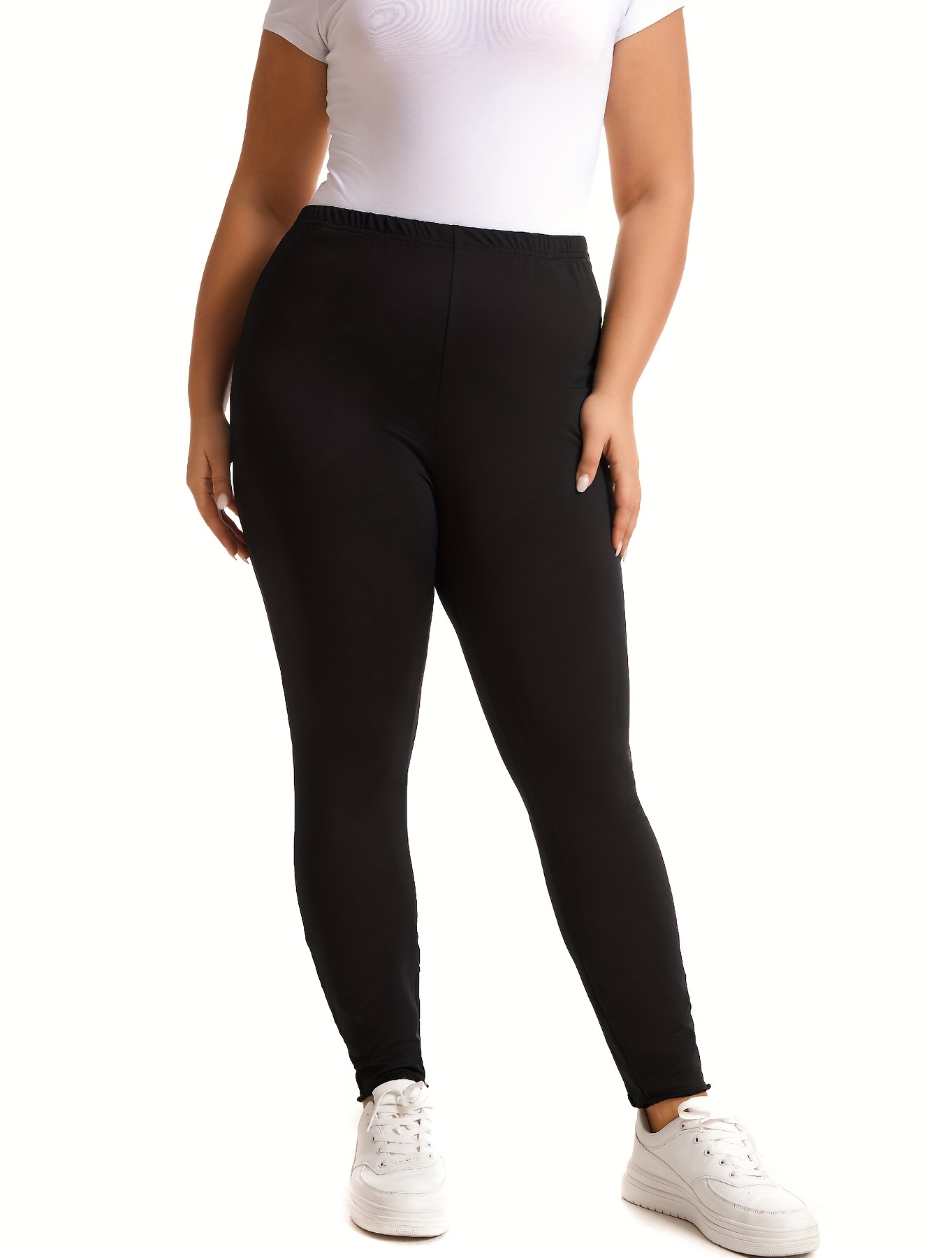 Plus Size Basic Leggings, Women's Plus Solid Wide Waistband High * Stretchy  Slim Fit Leggings