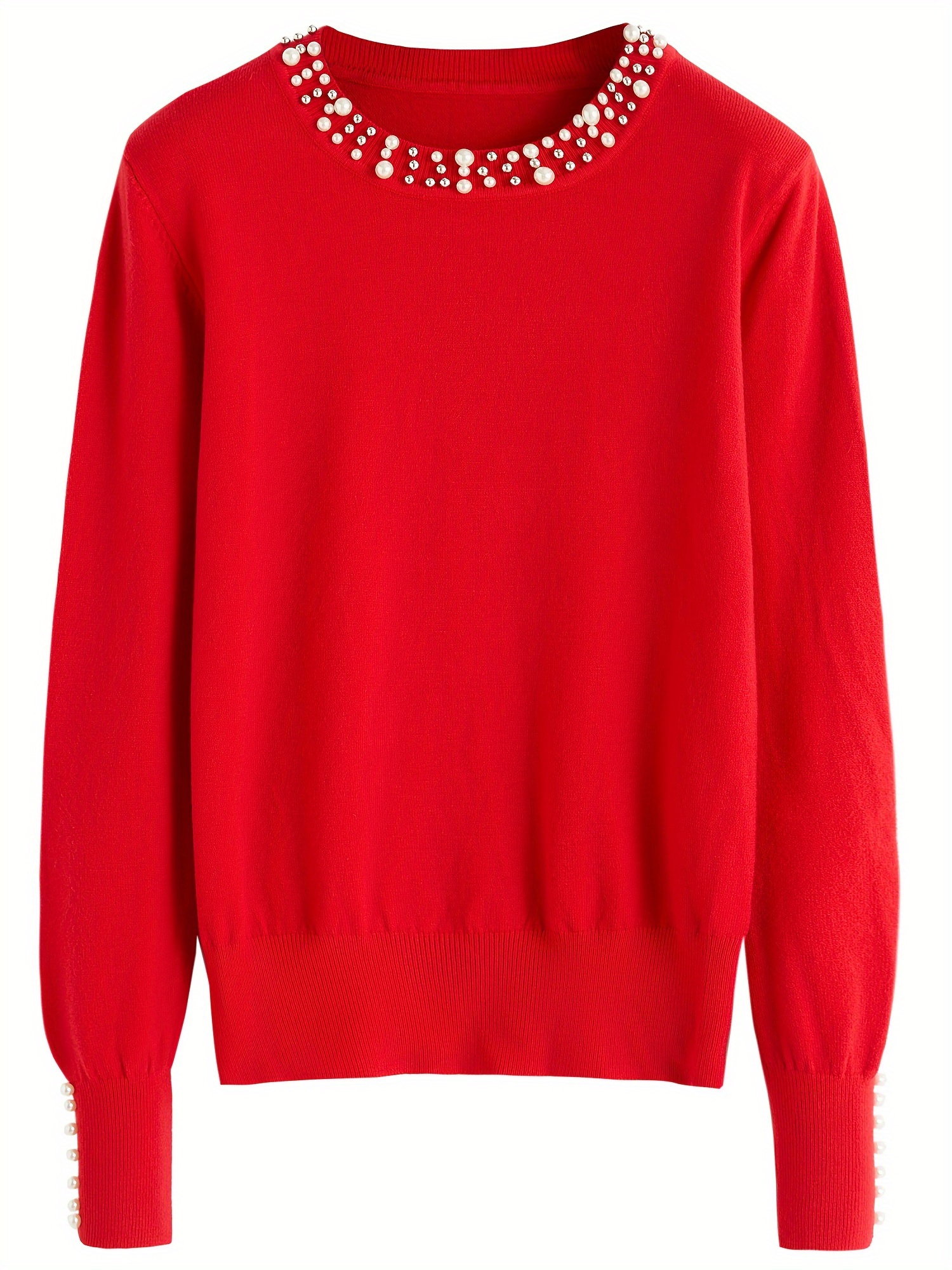 Damen Perlenpullover Langarm Rundhals Perlenknopf-Front Pullover Top,  Ganzjahres-Bluse für Casual Mitteldehnbar Einfarbig  (Handwäsche/Reinigung)