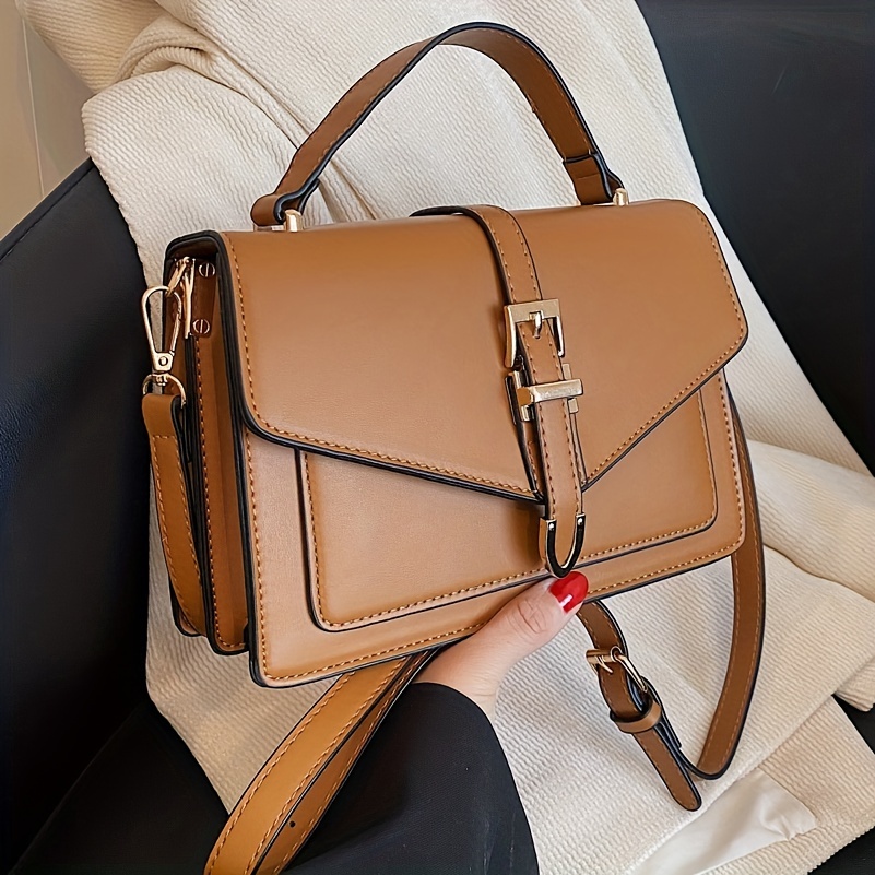 Solid Color Crossbody Bag, Fashion Buckle Decor Handbags, Women's