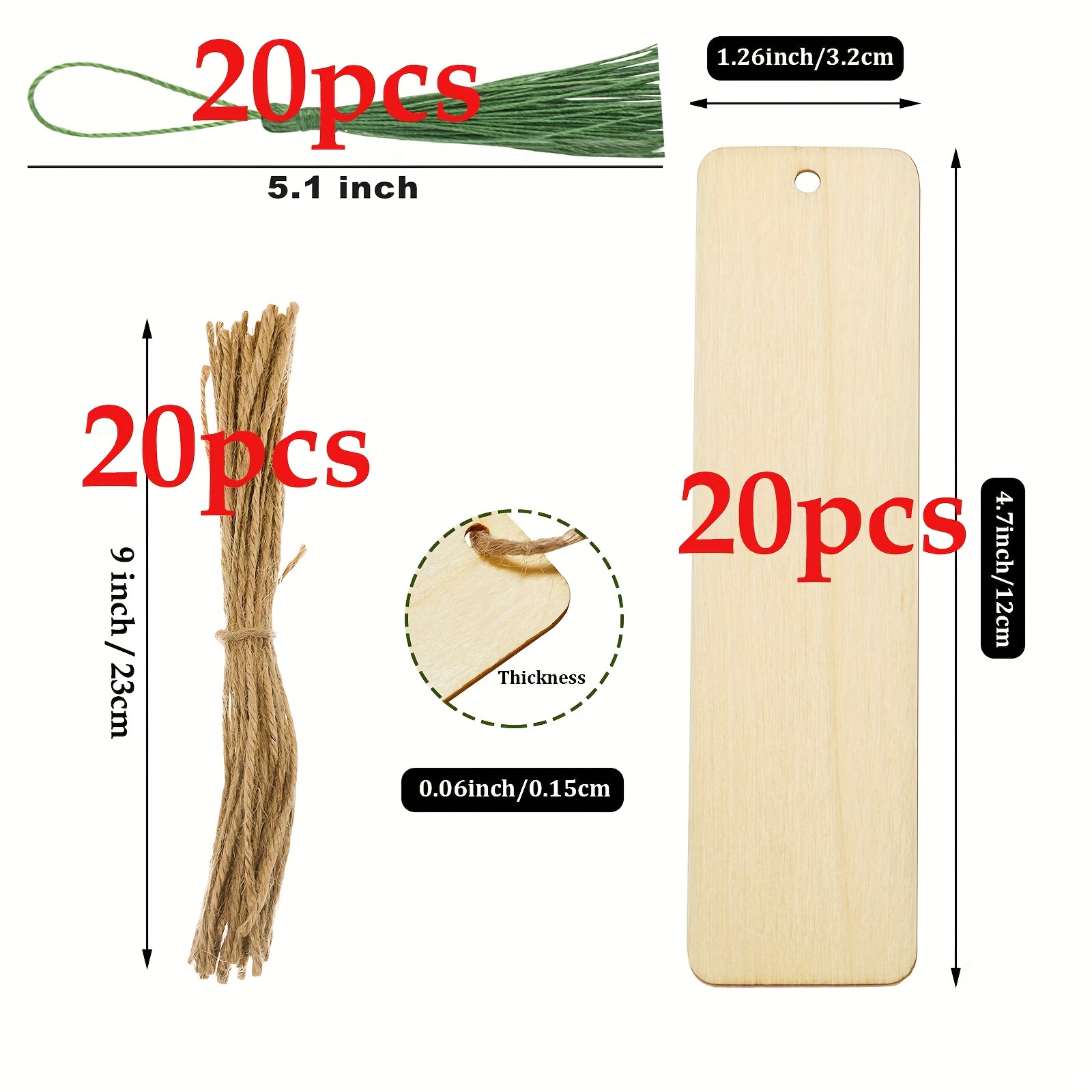 VILLCASE 20 pcs Wooden Blank Bookmark Blank Bookmarks to Decorate  Decorative Bookmark Unfinished Wooden Bookmarks DIY Book Page Marker Blank  Wooden