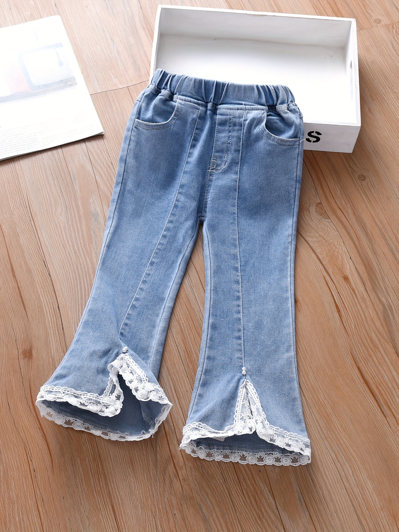 Girls Jeans Lace Cuffs Bell Bottom Casual Flared Pants - Temu