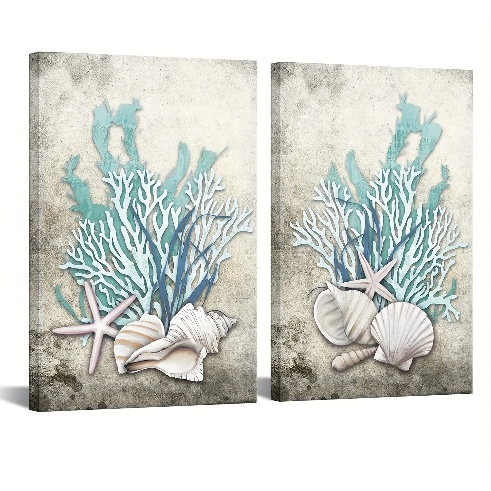 Coastal Wall Art Seashell Bathroom Decor Teal Blue Beach Theme Starfish  Canvas P