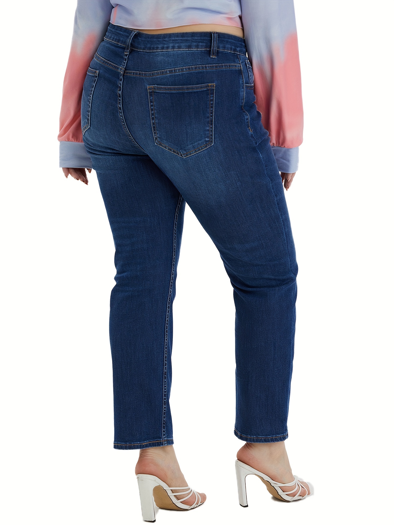 Plus Size Casual Jeans Women's Plus Washed Button Fly Rolled