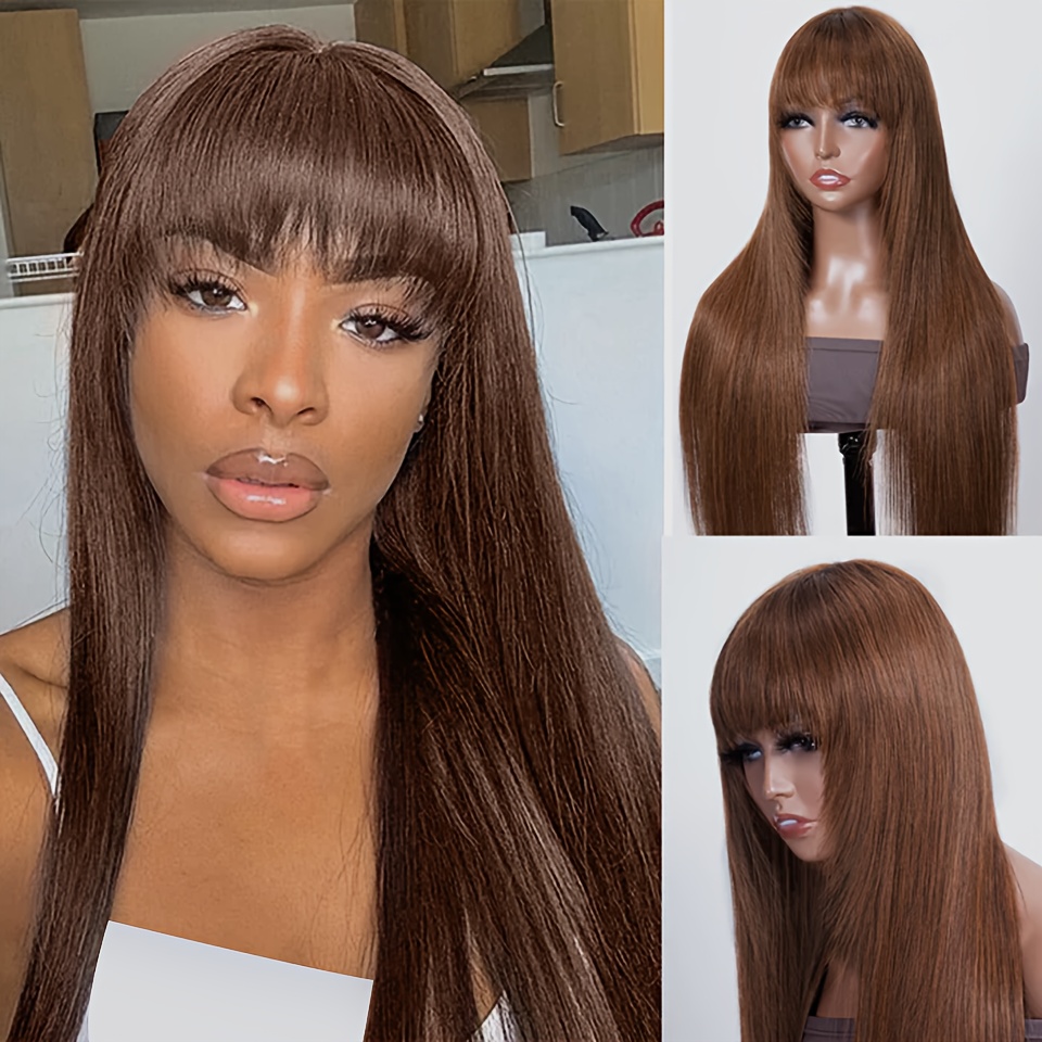 180 Density Glueless Straight Wig Bangs Chocolate Brown Temu