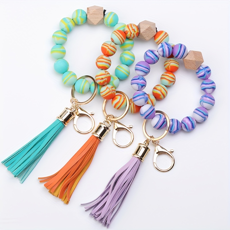 1pc Tassel Wooden Beads Imitation Silicone Beads Hand String Keychain for Men,Temu