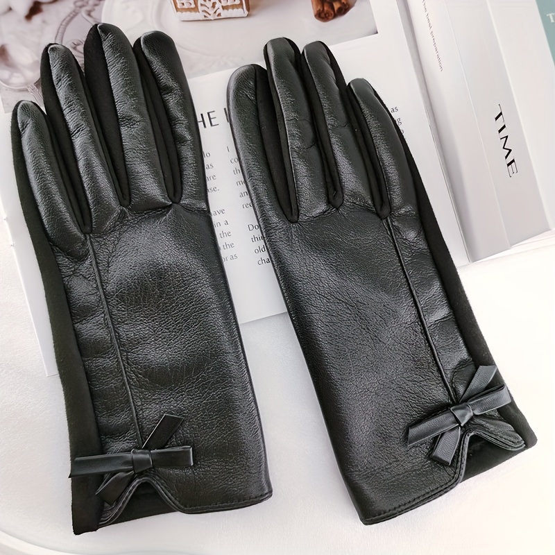 Women Soft PU Leather Gloves Elegant Bow Gloves Windproof Winter Driving  Gloves