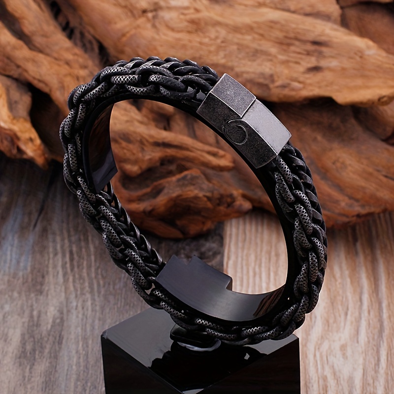 Men's Stainless Steel Matte Chain Bracelet Double Layer Retro