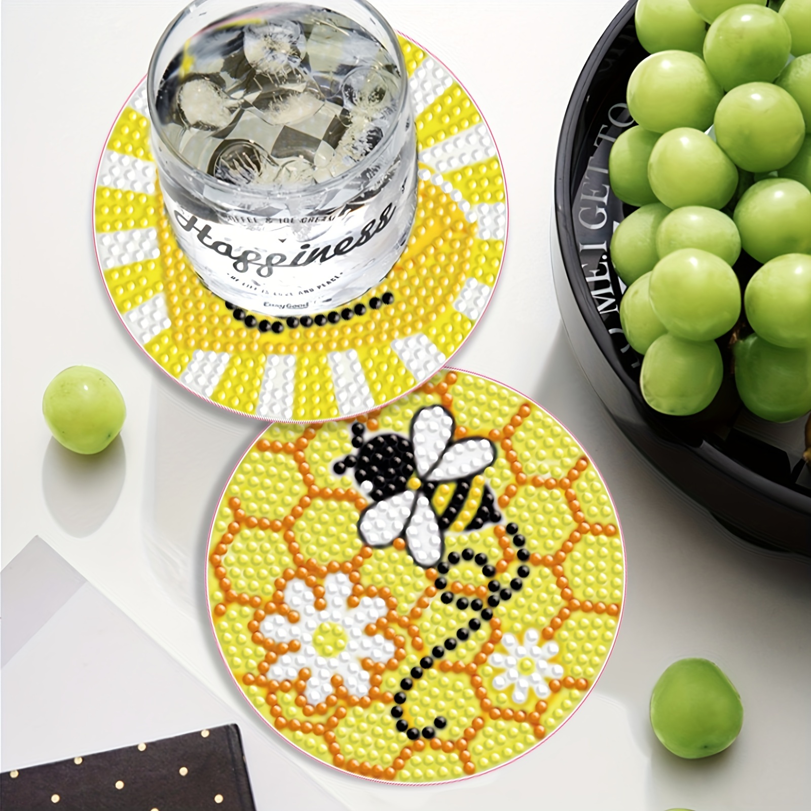 Diamond Painting Coasters With Holder Yellow Style Honey Bee - Temu