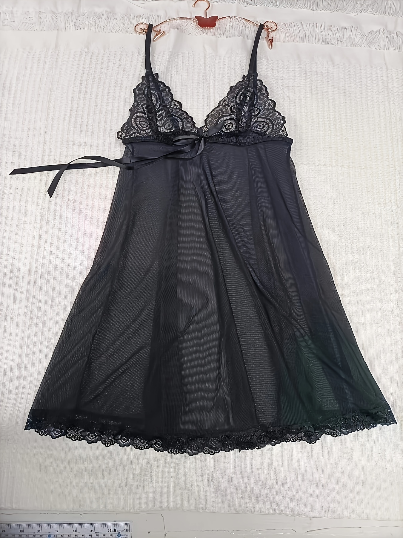 Contrast Lace Semi Sheer Lingerie Set, V Neck Split Hem Slip Dress & Thong,  Women's Sexy Lingerie & Underwear