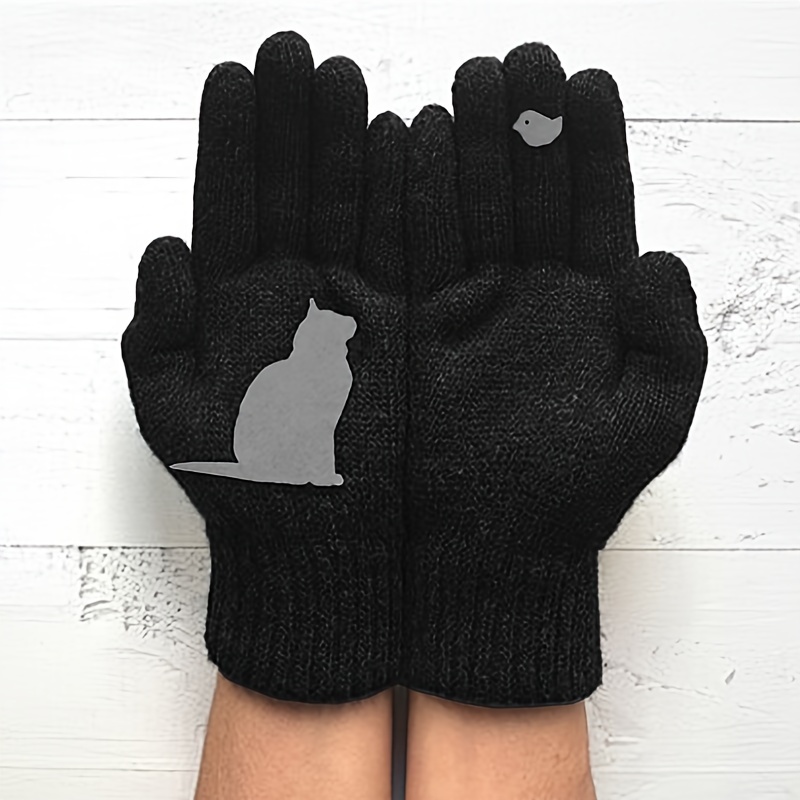 TEMU 1 Par, Guantes De Punto Con Estampado De Gato Chic, Guantes Cortos, Gruesos, Cálidos, Con Dedos Con Lateral, Para Otoño E Invierno, Resistentes