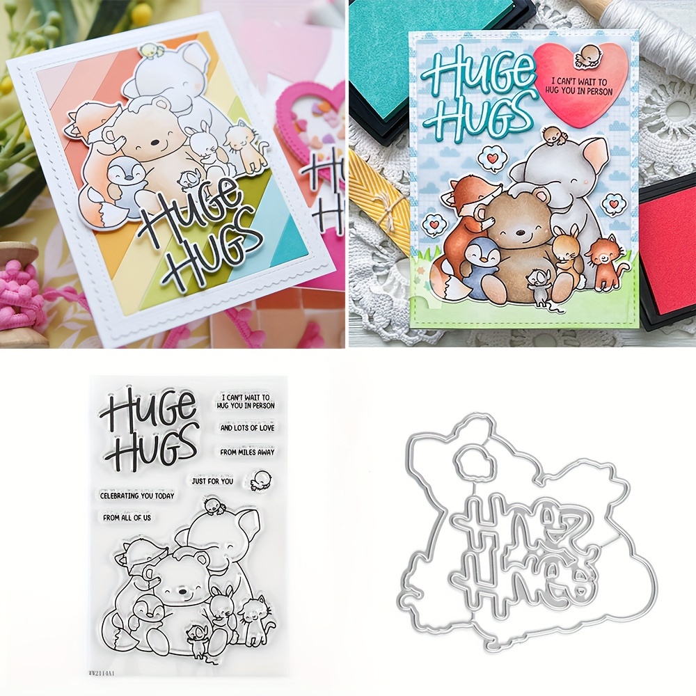 HUGS Stamps and Dies Set for Card Making,Clear Stamps and Metal Cutting  Dies Sets for Scrapbooking DIY Album Card Making Supplies