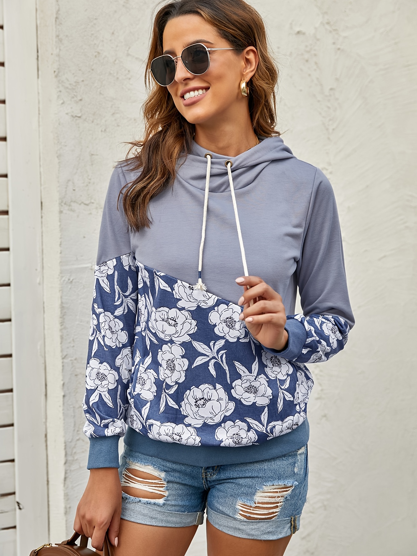 Casual Floral Print Contrast Contrast Hat Neck Hoodie Loose Drawstring  Hooded Fashion Long Sleeve Sweatshirt Womens Clothing - Women's Clothing -  Temu United Arab Emirates