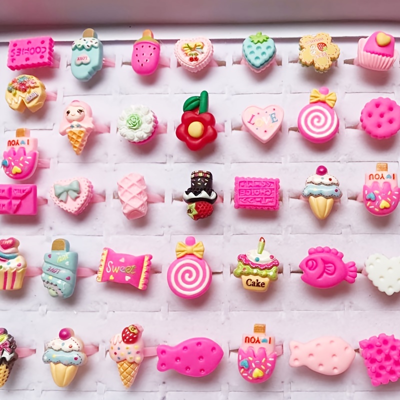 10pcs Girls Cute Cartoon Plastic Resin Candy Heart Ring Decorative Accessories Set
