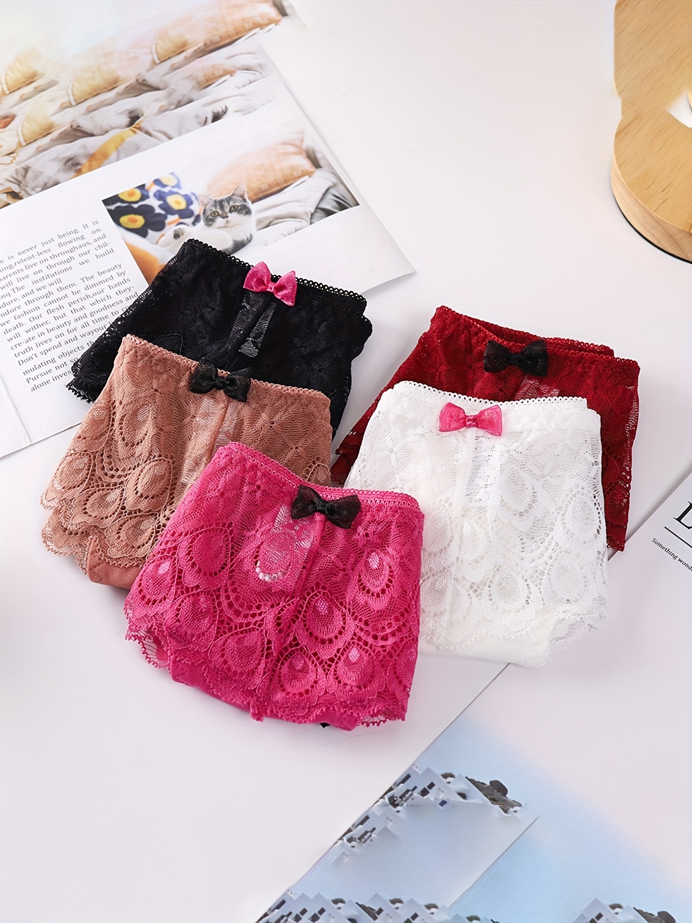 Contrast Lace Bow Hipster Panties Breathable Hollow Low - Temu Canada