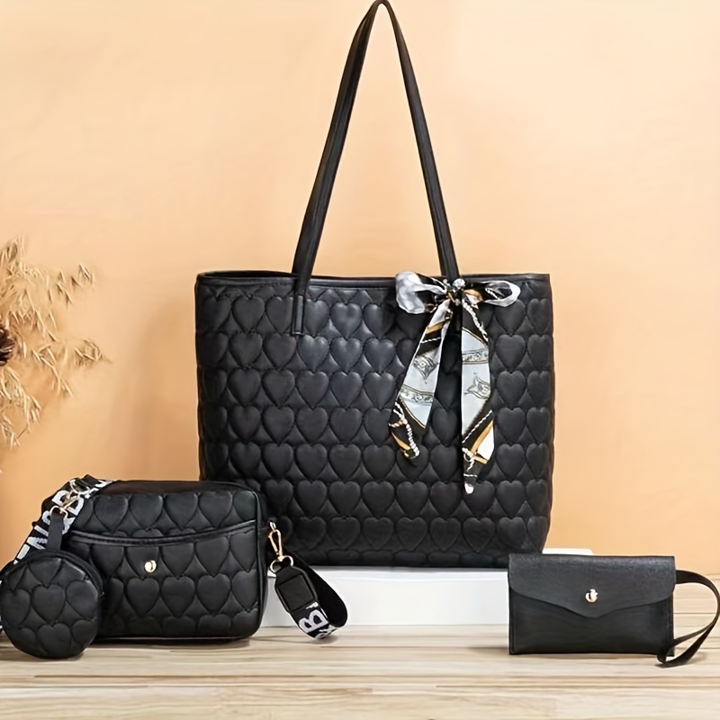 Classic Love Quilted Pattern Bag Sets, Trendy Tote Bag With Shoulder Bag &  Purse, Solid Color Bags - Temu