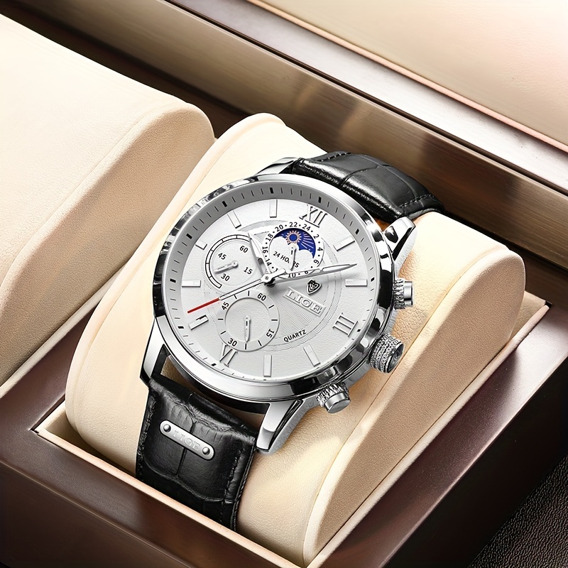 LIGE Men Watches Leather Waterproof Luminous Quartz Wristwatch