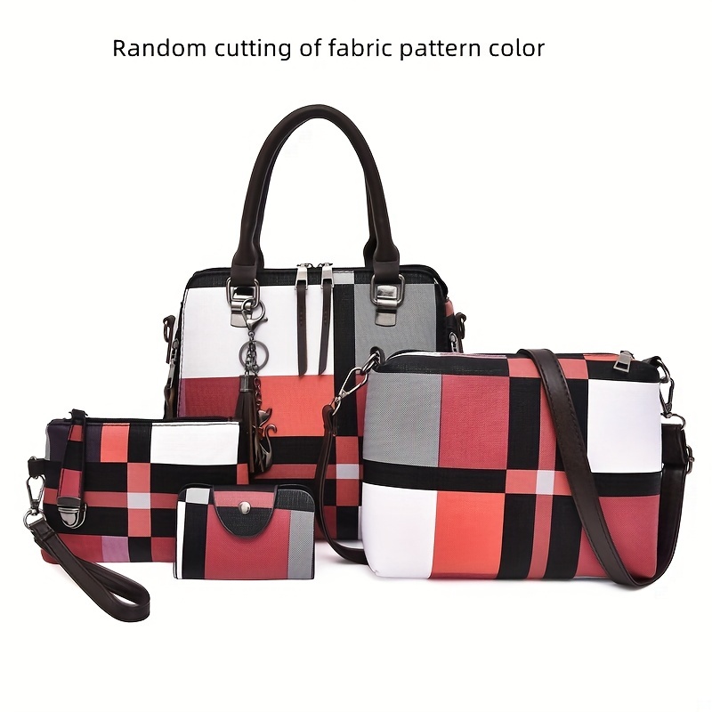 Plaid Pattern Handbag Set, Women's Fashion Colorblock Tote Bag