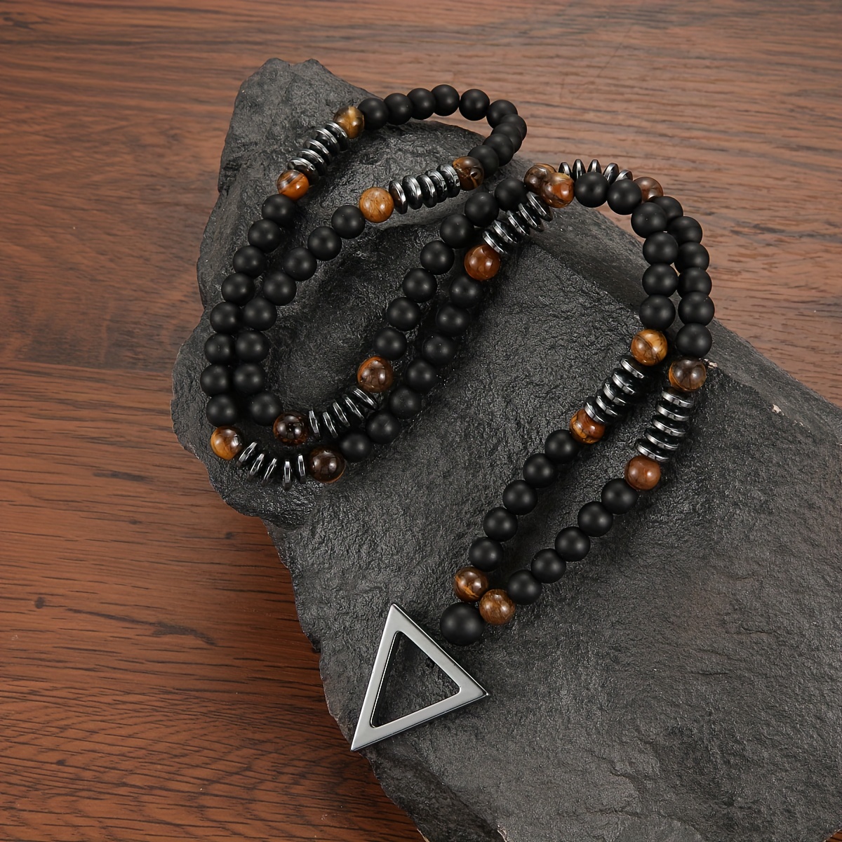 

1pcstylish Retro Jewelry Natural Stone Yellow Tiger Eye And Black Agate Triangle Pendant For Men, Original Stone Necklace