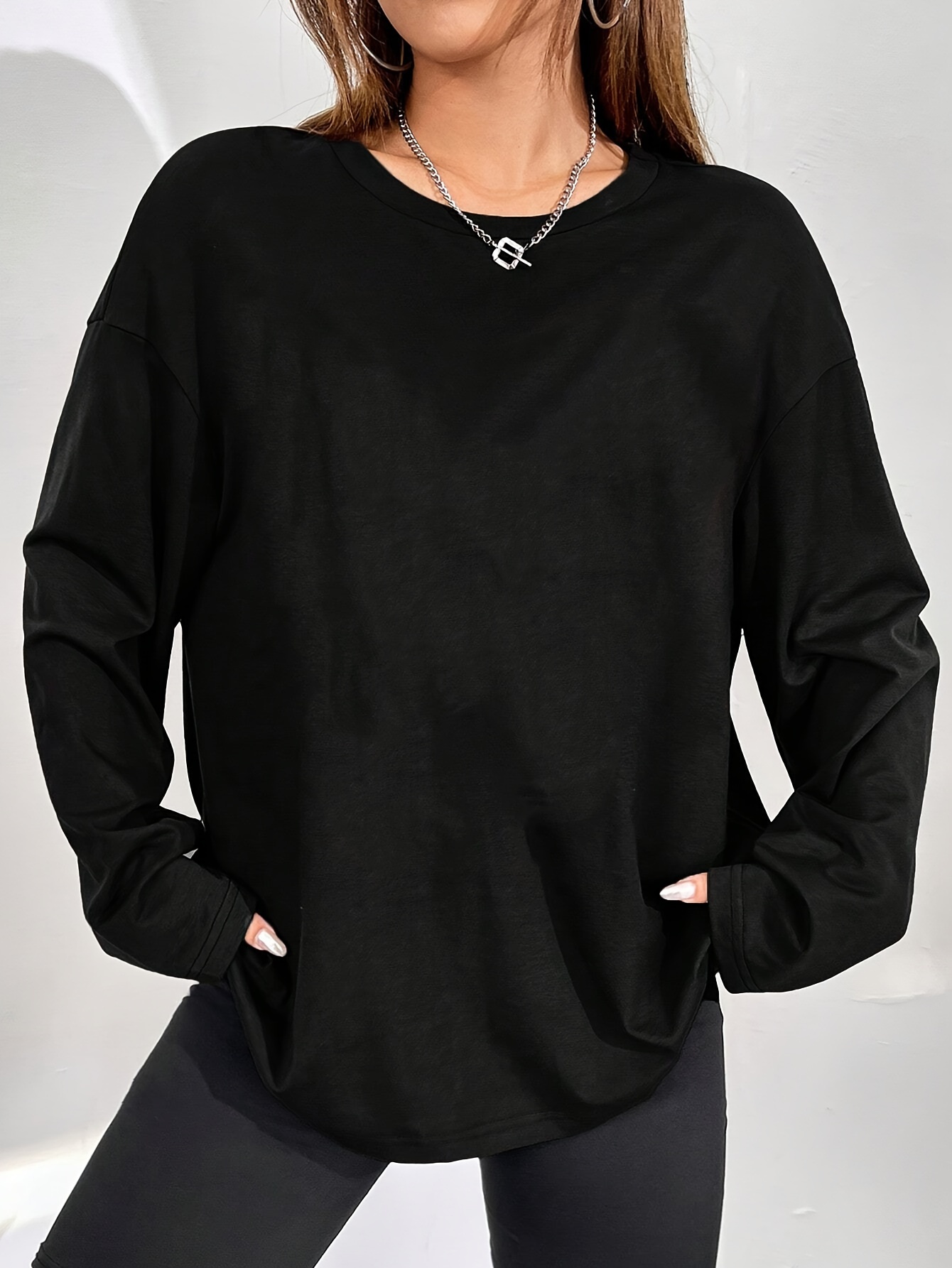 Solid Long Sleeve T shirts Oversized Crew Neck Top Women's - Temu