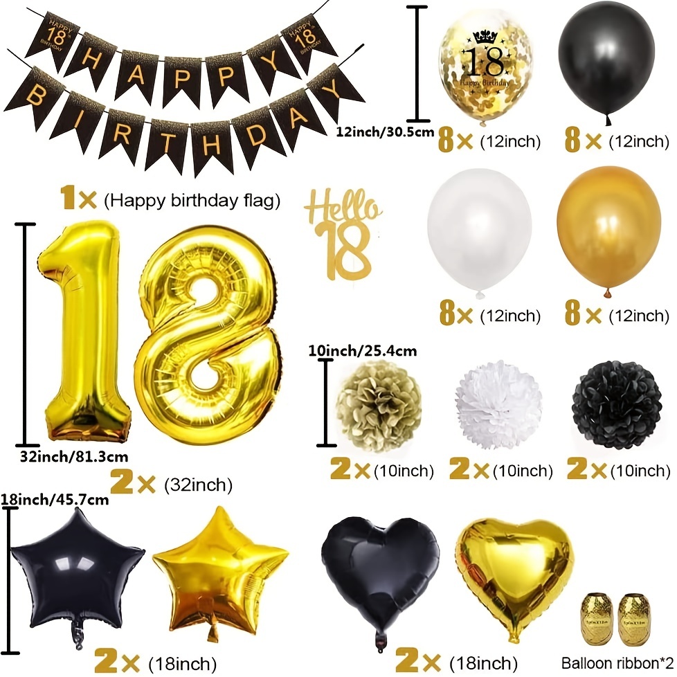 Happy Birthday Balloons Gold and Black Party Decor 12inch Latex and  Confetti Balloon for Girl Boy
