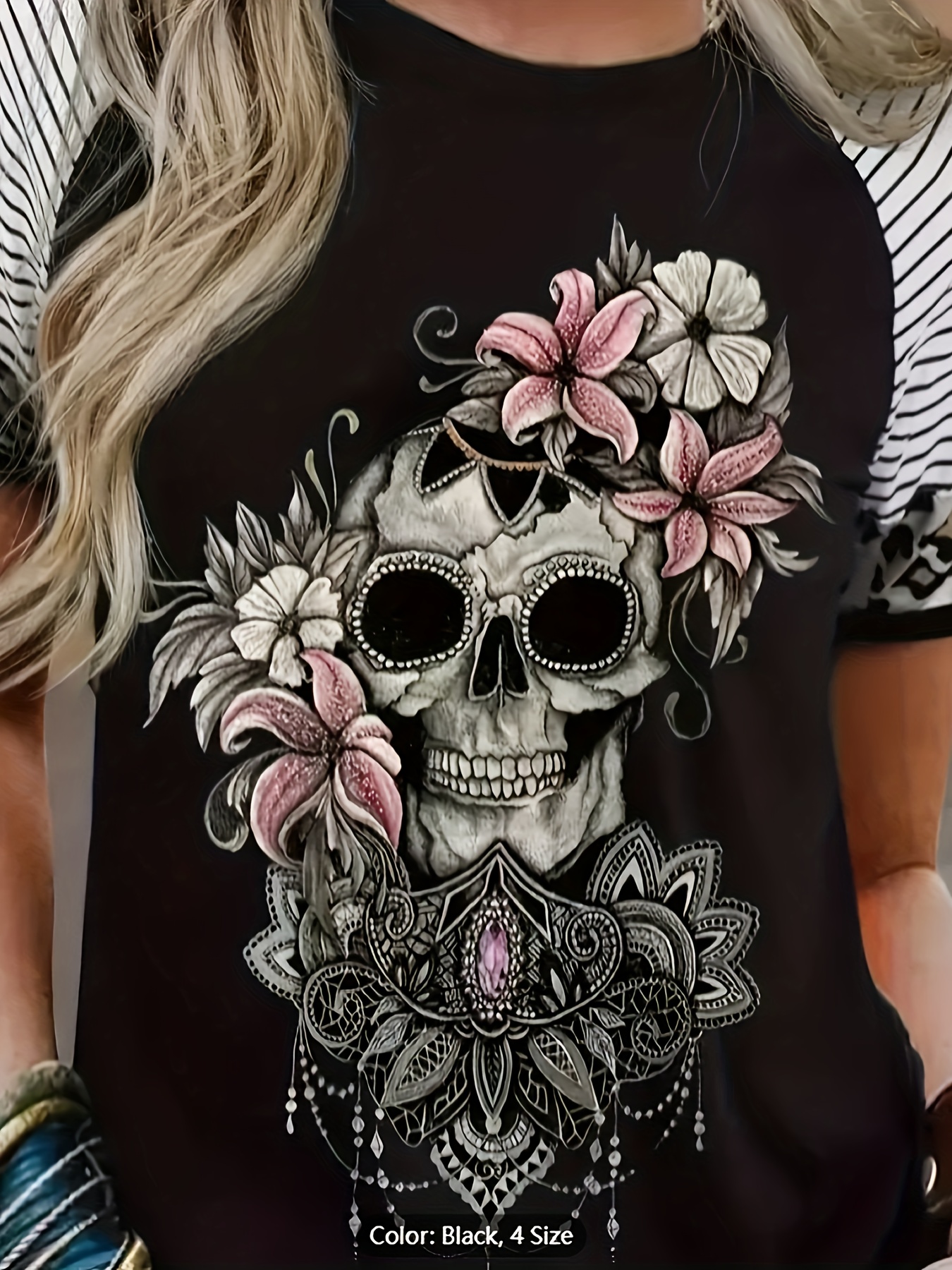 Plus Size Goth T shirt Women's Plus Skull Floral Stripe - Temu
