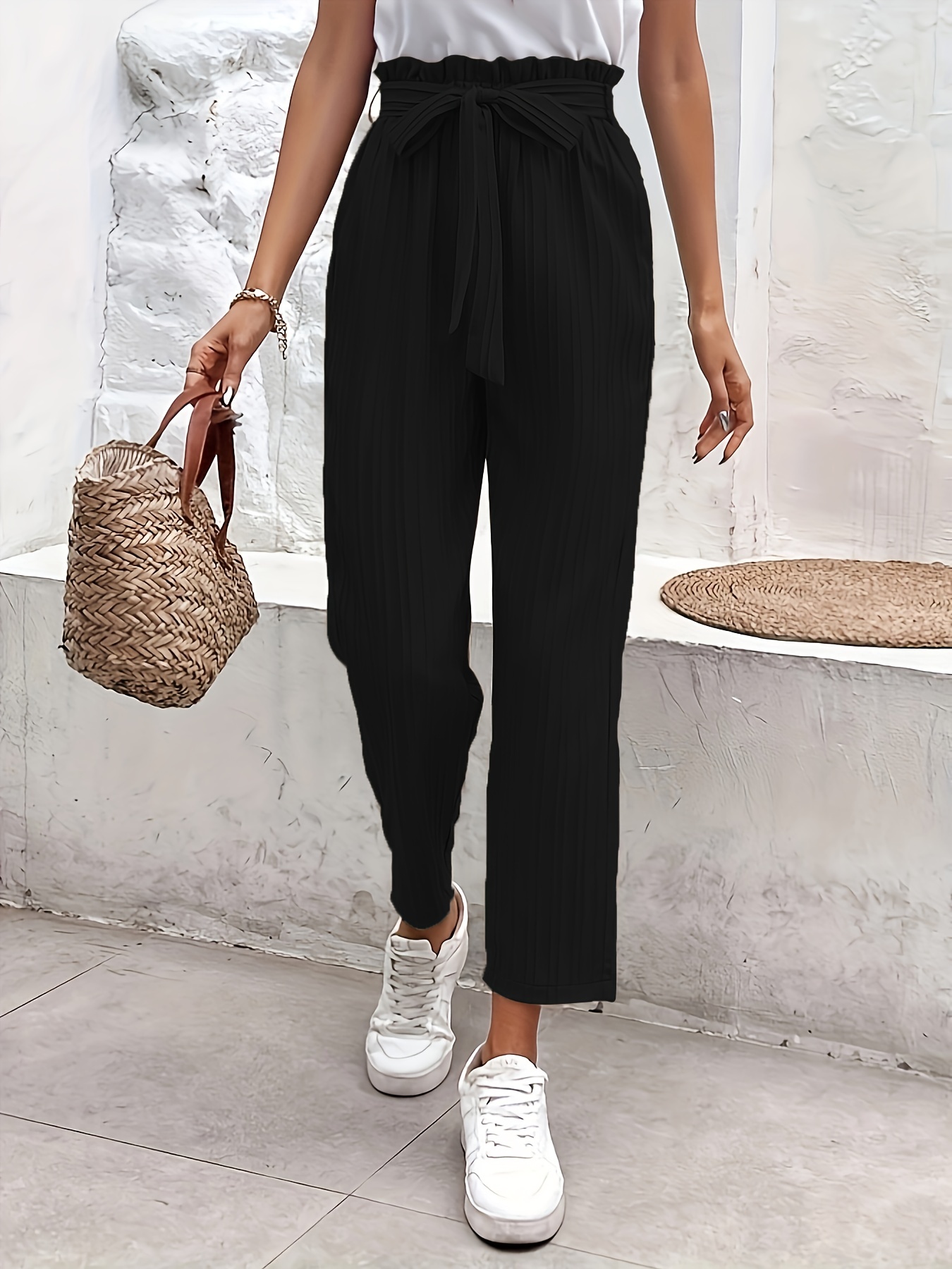Knotted Paper Bag Waist Pants Casual Solid Long Length Pants - Temu Italy