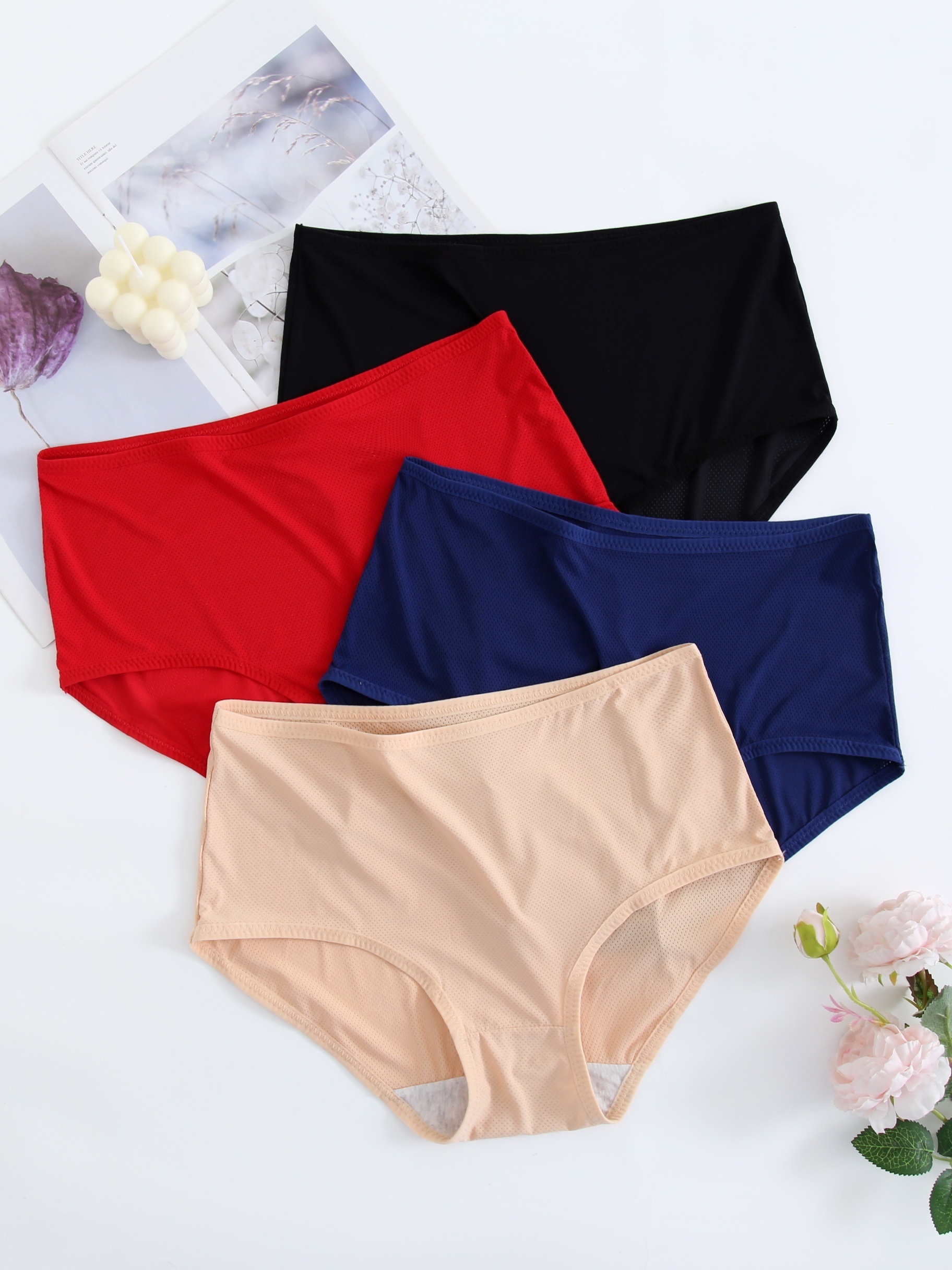 4 Pack Plus Size Simple Panties Set, Women's Plus Solid Mid Waist High  Stretch Underwear Four Piece Set