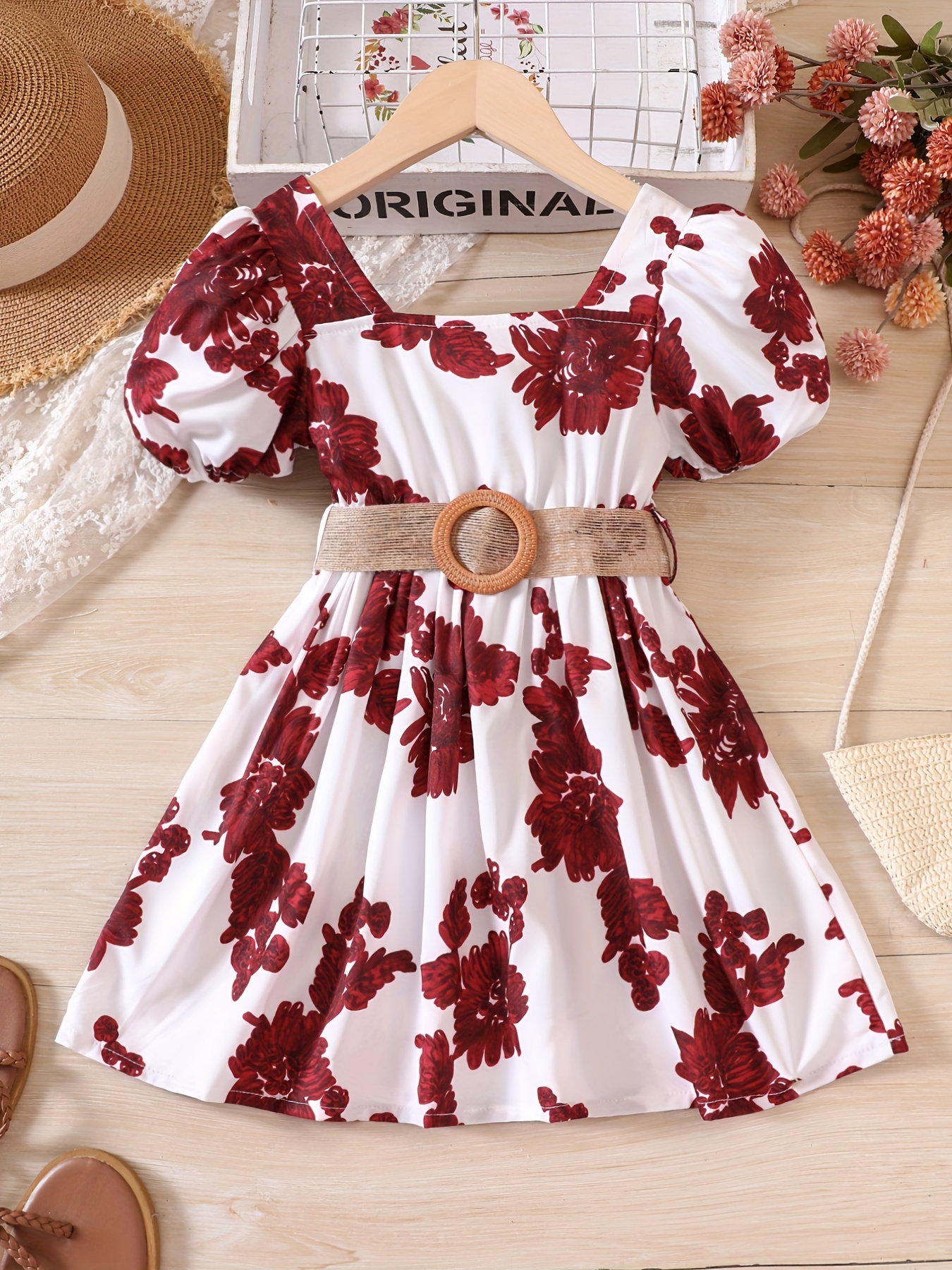 Girls Puff Sleeves Boho Floral Print Shirred Casual Dress With