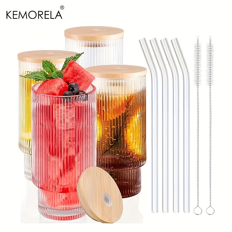 4pcs, Ribbed Glass Cups With Lids And Straws, 16oz Drinking Glasses