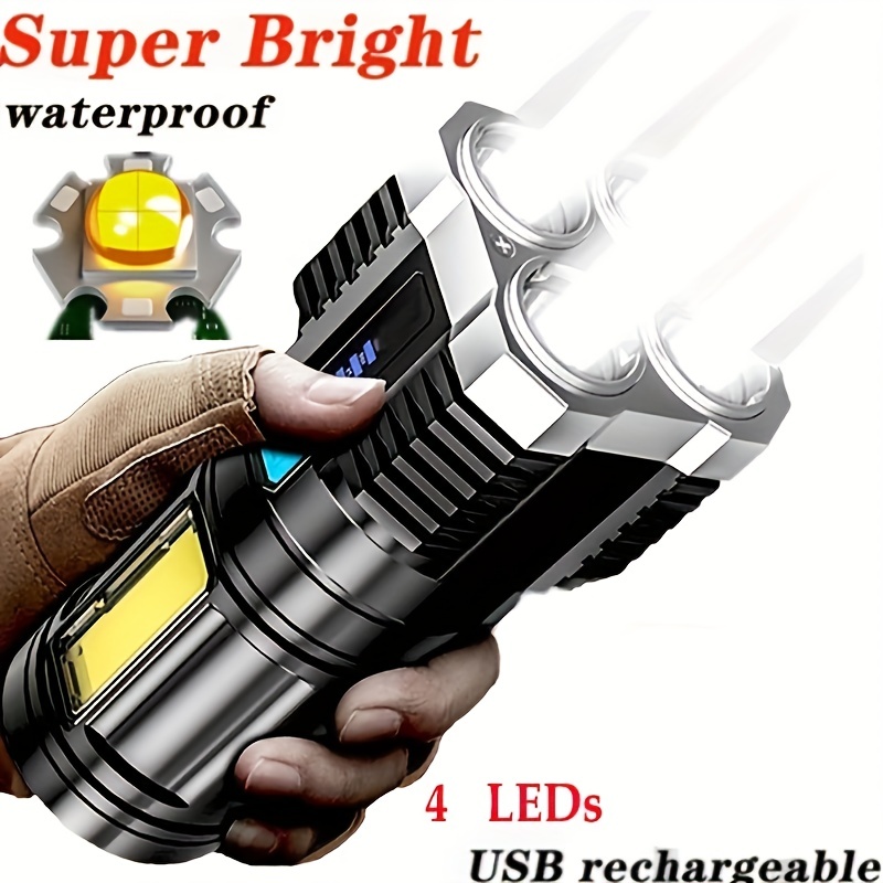 1pc 強力な4LEDフラッシュライト、COBサイドライト付き、4モード USB充電式  防水LEDフラッシュライト、バッテリー懐中電灯で防水内蔵、キャンプ用品