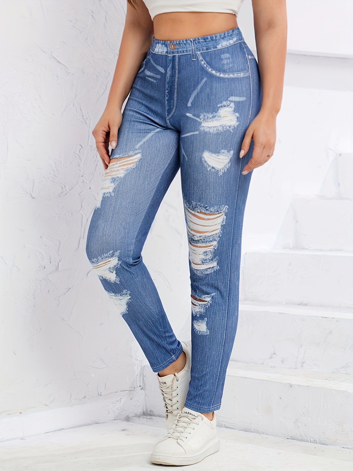 High Waist Ripped Slim Jeggings for Women