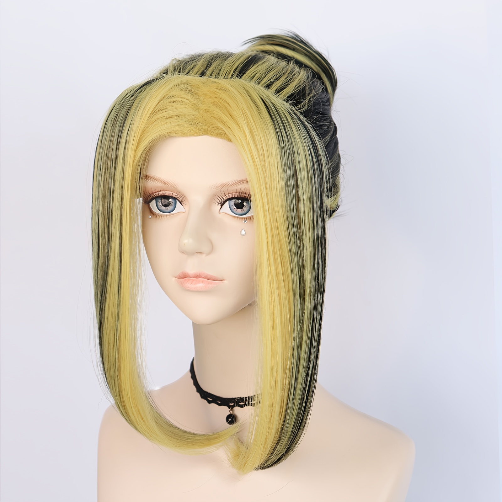 12Inch Short Straight Yellow Mixed Black Bun Wig With Bangs Anime Cosplay Wig For Party Synthetic Heat Resistant Fiber Replacement Hair School Hallowe