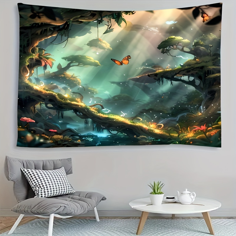   forest tapestry with flying   magical fantasy landscape   polyester   for nursery playroom decor details 9