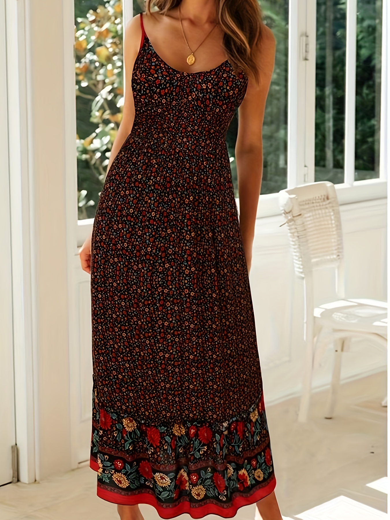 Boho Floral Print Boho Cami Dress, Bohemian High Waist Casual Dress For  Summer & Spring, Women's Clothing