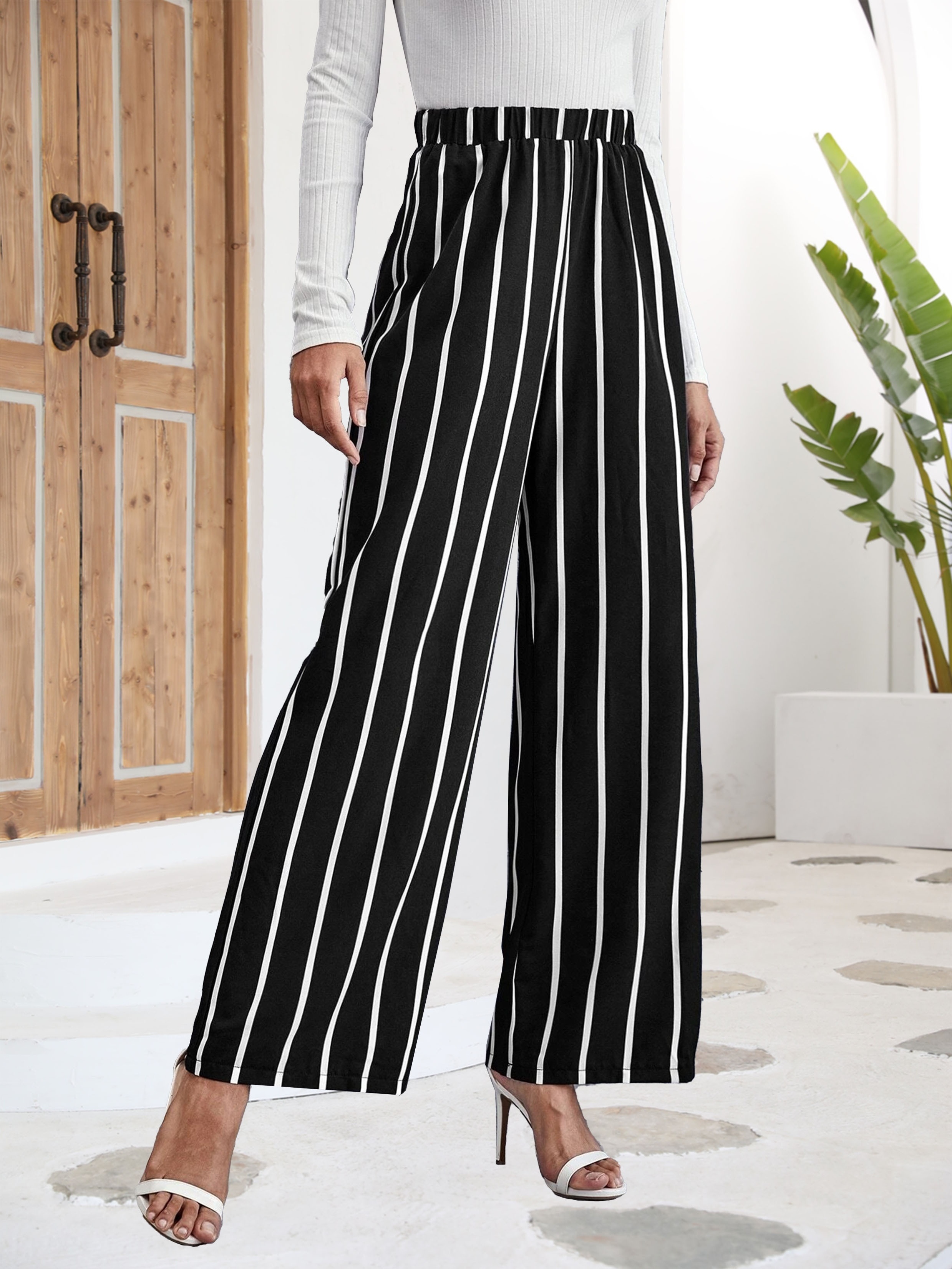 Striped High Waist Straight Leg Pants, Casual Elastic Waist Pants For  Vacation, Women's Clothing
