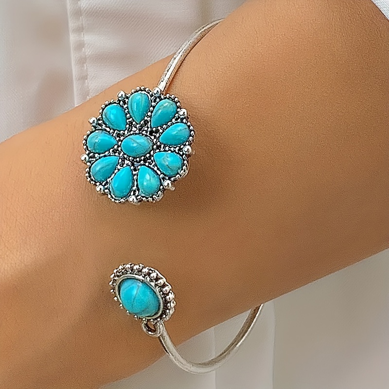 Western Style Vintage Navajo Pearl Red Blue Turquoise Beads Triple Layer Bangle Charms Bracelet for Women,Temu