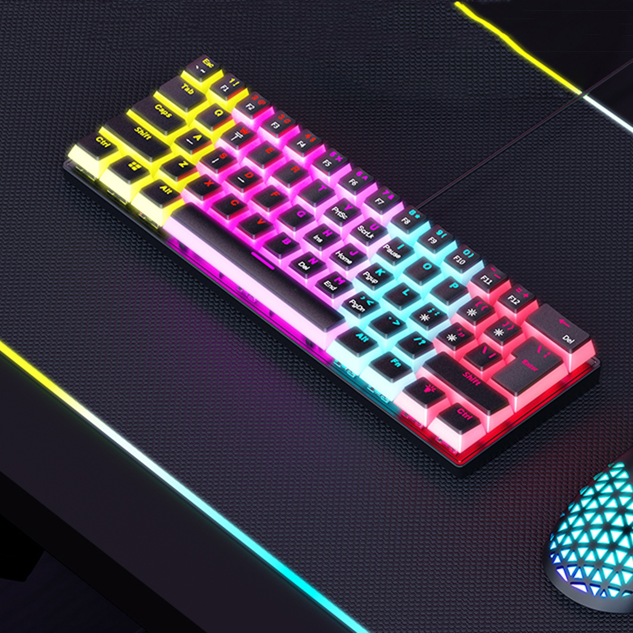

New 61-key Wired Mechanical Keyboard, Rgb Backlit Pudding Keycaps, Blue Shaft, Multiple Lighting Modes, Usb Plug And Play Ideal For Home Games And The Office