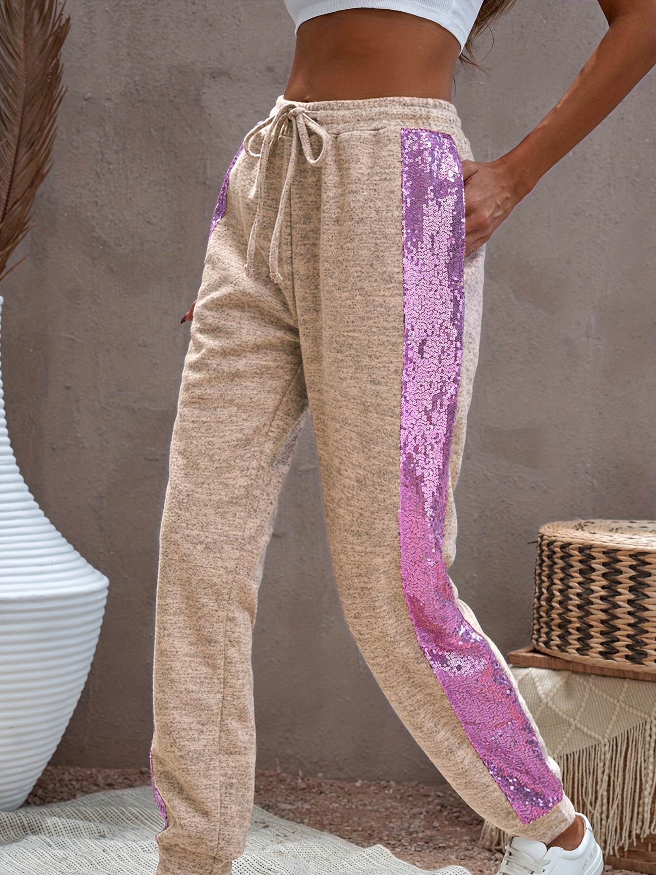 Sequin Spliced Jogging Pants Elastic Waist Loose Casual - Temu