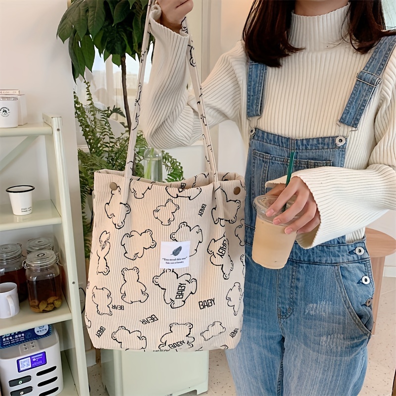 Corduroy Shoulder Bags For Girl Sweet Cute Casual Totes Japan