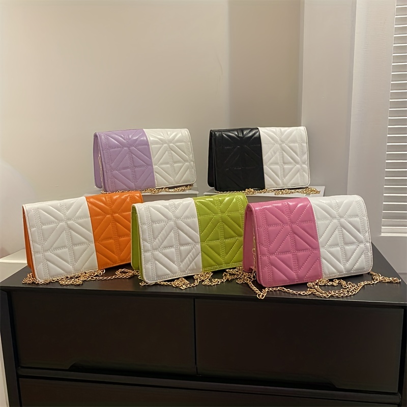Colorblock Quilted Square Bag Stylish Flap Shoulder Chain Bag