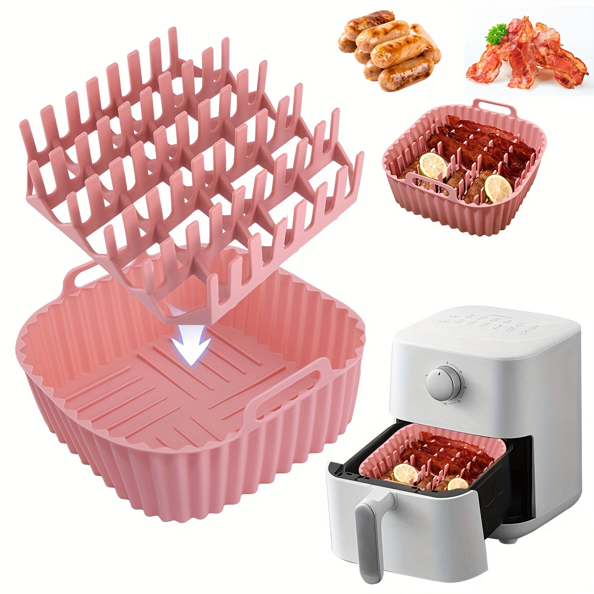 Silicone Air Fryer Liner With Bacon Grill Rack, Square Air Fryer Liners  Pot, Silicone Basket Bowl Fits 7qt Air Fryers, Reusable Baking Tray,  Dishwasher Safe, Oven Accessories, Baking Tools, Kitchen Gadgets, Kitchen