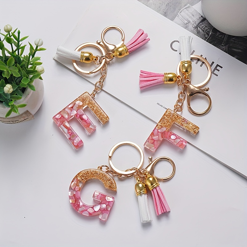1pc Letter Alphabet Keychain Resin Letter A-Z Keyring Cute Key Chain Tassel Charm for Women Girls Gifts,Temu