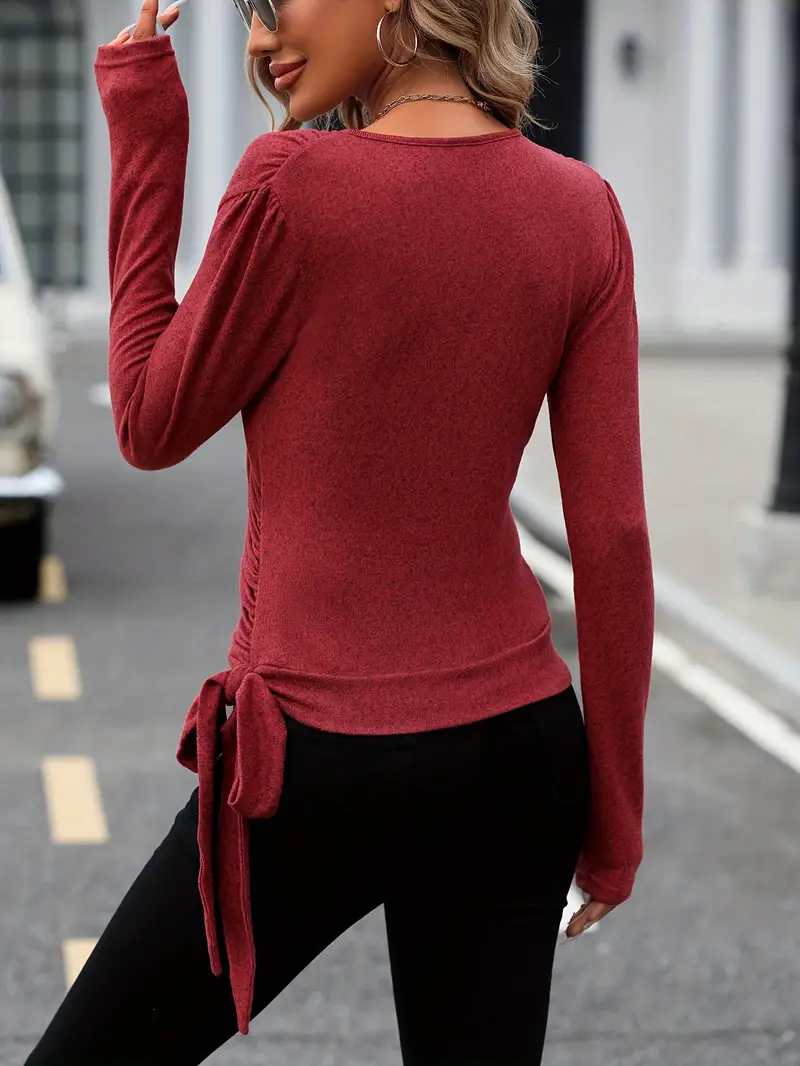 Ruched Side Tie Surplice Neck T shirt Casual Long Sleeve Top - Temu