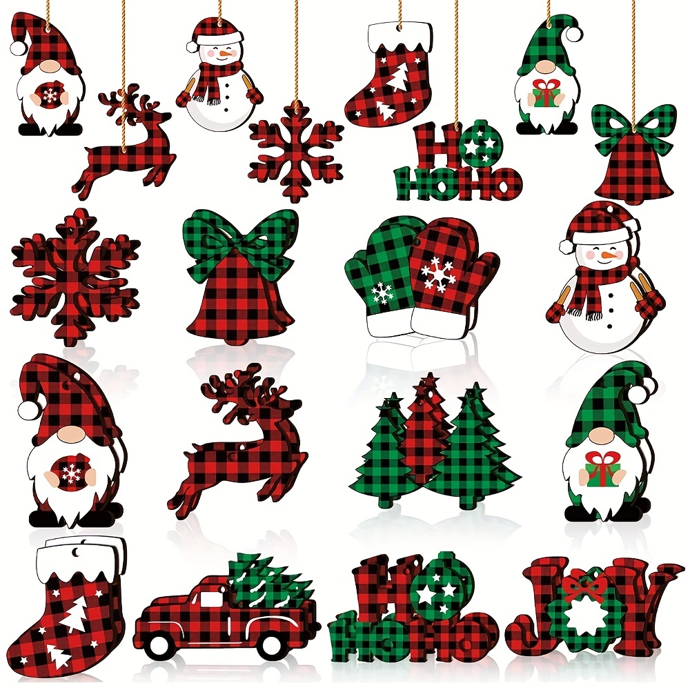 

24pcs Wooden Christmas Red Black And Green Stitching Checkered Snowflake Pattern Hanging Decoration Pendant For Outdoor Festival Party Gift (with Rope)