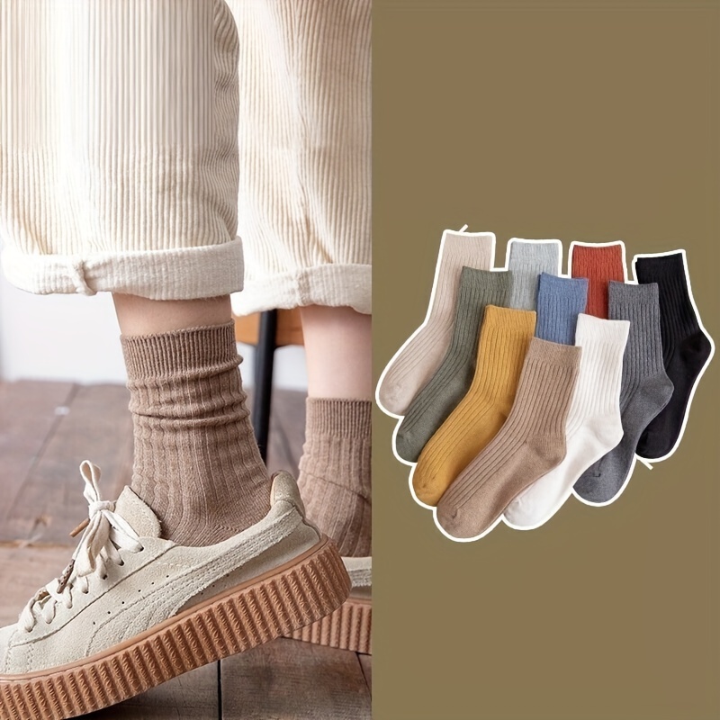 

10 Pairs Of Mix Color Ribbed Casual Socks, Comfort Versatile Mid-tube Socks For Daily Life