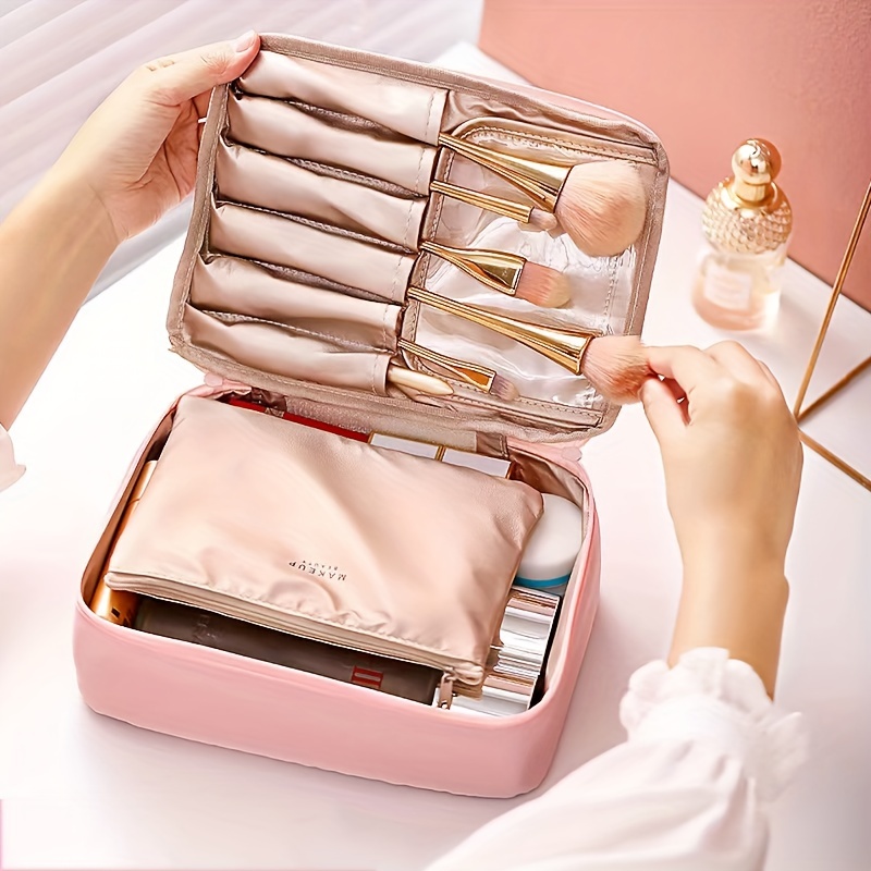 Large-capacity Travel Cosmetic Bag Portable Pu Makeup Pouch Women  Waterproof Bathroom Washbag Multifunctional Toiletry Kit With Handle Travel  Essentials - Temu